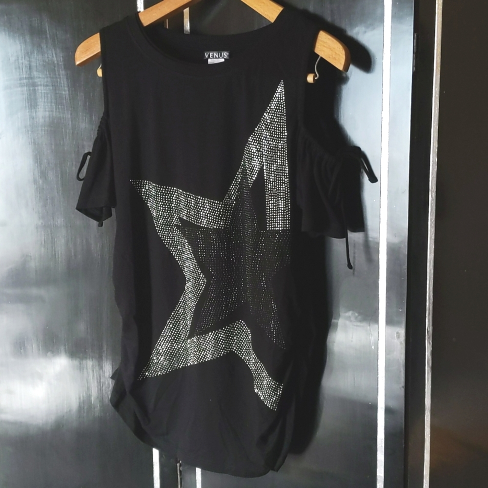 Venus Star Studded Sparkle Open Shoulder Black Top NWOT